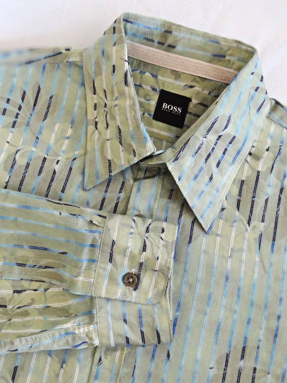 HUGO BOSS Men's L Green Floral Print Shirt Blue Stripe Casual Sport Long Sleeves